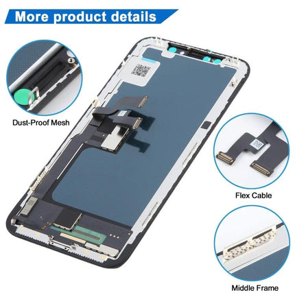 Keep Your iPhone X Functional with JK Incell LCD Screen for Daily Tasks - replacement Incell LCD assembly showing flex cable, dust-proof mesh, middle frame
