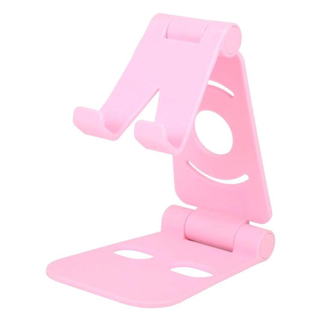 Foldable Ergonomic Phone Holder for Hands-Free Viewing in pink, adjustable tilt stand with anti-skid hooks for desk video calls and streaming