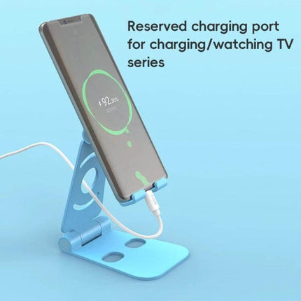 Foldable Ergonomic Phone Holder for Hands-Free Viewing showing phone on adjustable blue stand with charging port