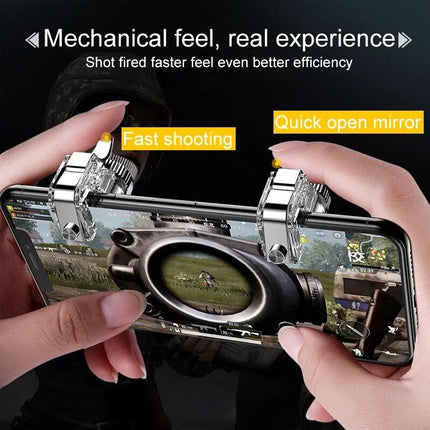 Mobile Gaming Trigger for Everyday Play Sessions showing dual silver clip-on triggers attached to smartphone for fast shooting and precise aiming