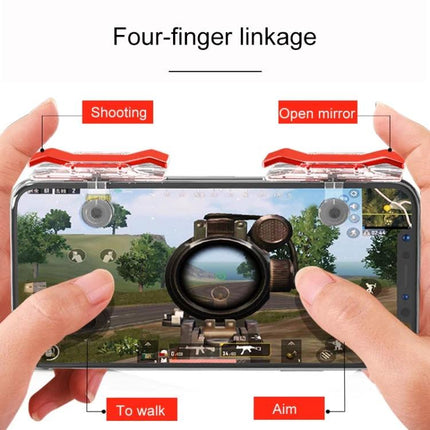 E9 Electroplating Trigger for Everyday Mobile Gaming Sessions – red four-finger linkage mobile triggers mounted on smartphone for shooting, aiming and walking