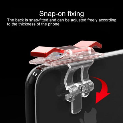E9 Electroplating Trigger for Everyday Mobile Gaming Sessions - red snap-on mobile gaming trigger attached to smartphone corner, adjustable fit