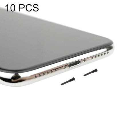 Replacement Screws for iPhone X Charging Port Home Repairs — 10 pcs black screws shown next to iPhone X charging port
