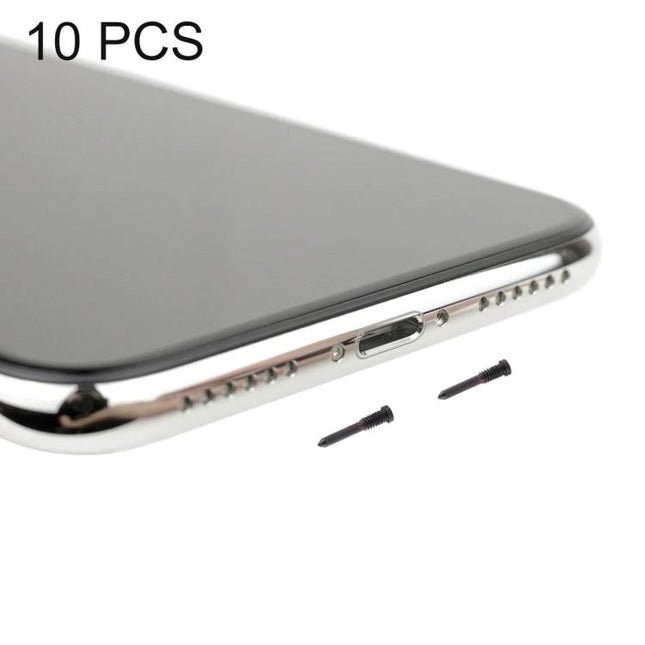 Replacement Screws for iPhone X Charging Port Home Repairs — 10 pcs black screws shown next to iPhone X charging port