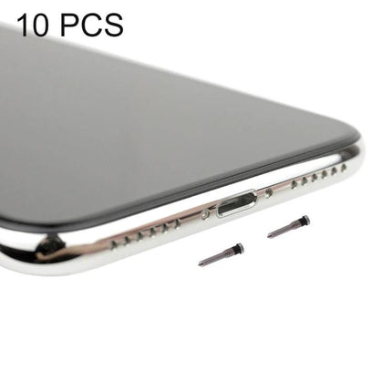 Replacement Screws for iPhone X Charging Port Home Repairs – 10pcs replacement screws shown next to iPhone X charging port