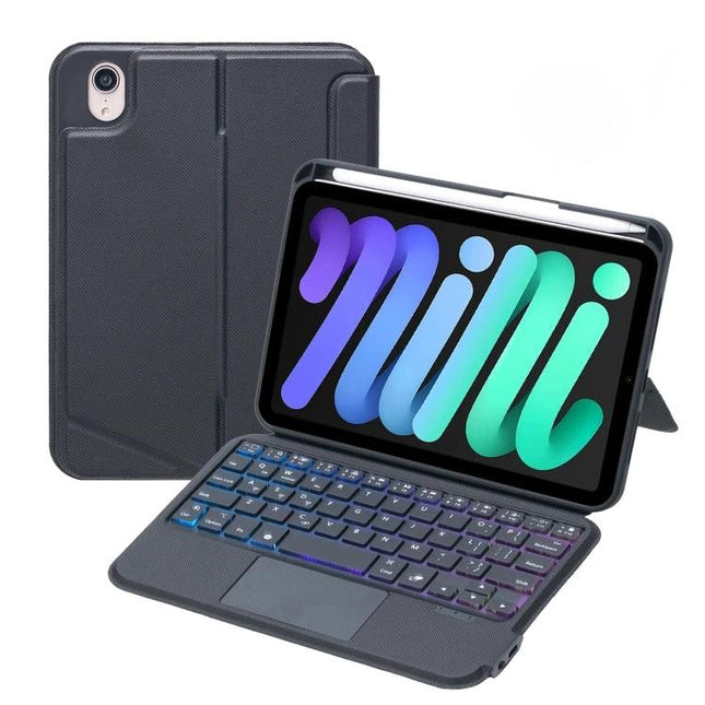 Leather Bluetooth Keyboard Case for iPad Mini 6/7 with Backlight shown open with backlit keys and protective leather cover