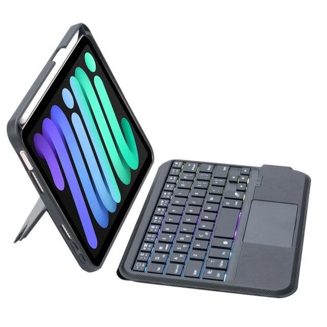 Leather Bluetooth Keyboard Case for iPad Mini 6/7 with Backlight - slim leather folio with backlit keys and built-in stand for travel and study