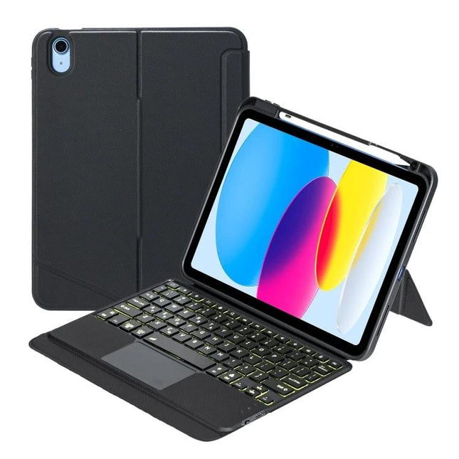 Backlit Bluetooth Keyboard Case for iPad 10th Generation with black protective folio, backlit keys and adjustable stand