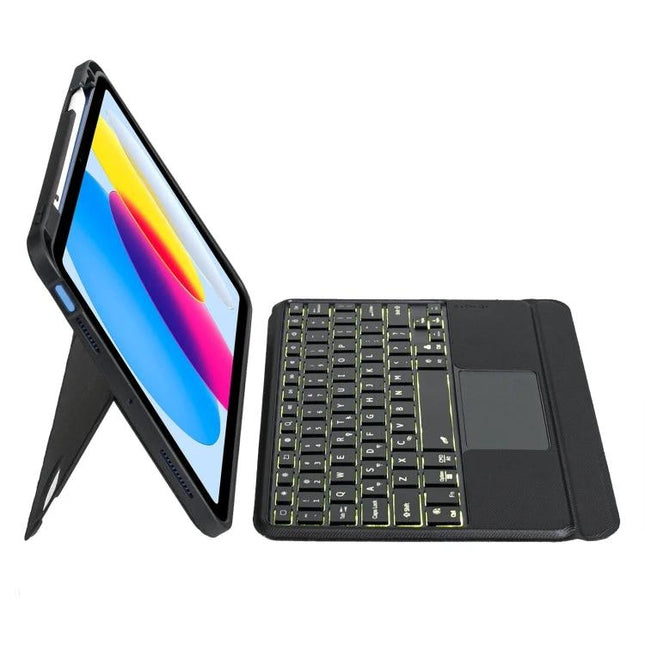 Backlit Bluetooth Keyboard Case for iPad 10th Generation shown with adjustable stand, backlit keys and protective folio cover