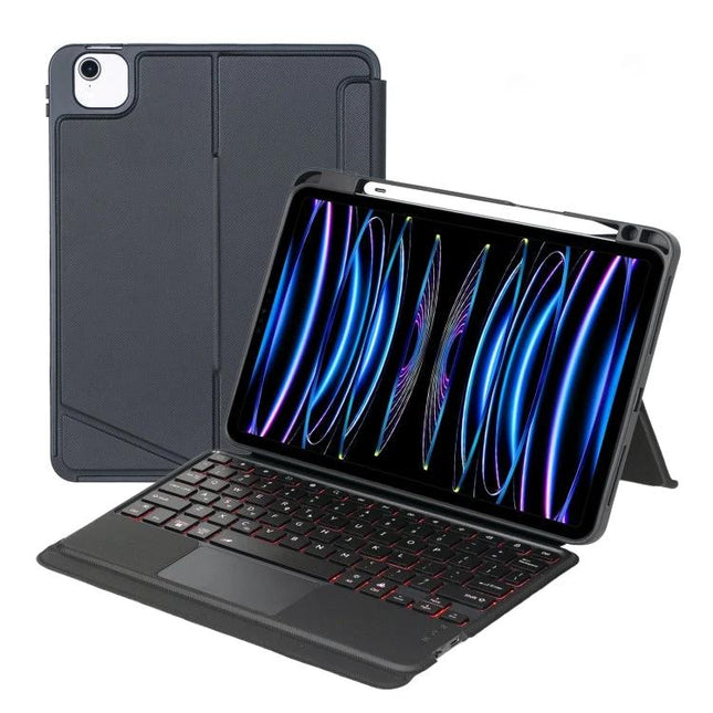 Backlit Bluetooth Keyboard Leather Case for iPad Air and Pro Models shown in black with backlit keys, protective folio and adjustable stand