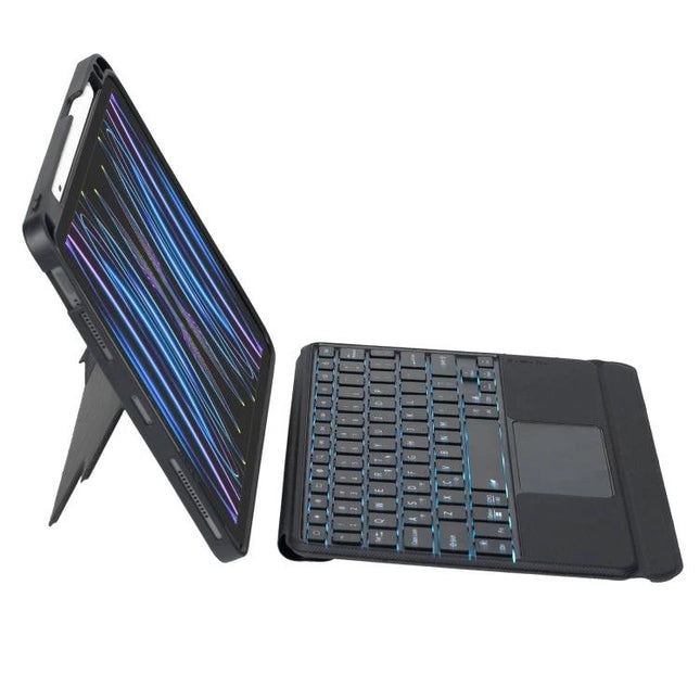 Backlit Bluetooth Keyboard Leather Case for iPad Air and Pro Models - black folio with backlit keys and detachable keyboard, adjustable stand for travel