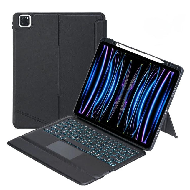 Backlit Bluetooth Keyboard Leather Case for iPad Pro 12.9 showing black leather case with backlit keys and tablet in typing stand