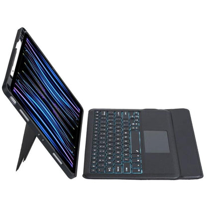 Backlit Bluetooth Keyboard Leather Case for iPad Pro 12.9 showing backlit keys, touchpad and folding stand in protective black leather