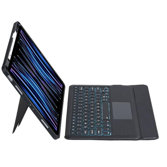 Backlit Bluetooth Keyboard Leather Case for iPad Pro 12.9 shown open with backlit keys and adjustable stand for on-the-go productivity