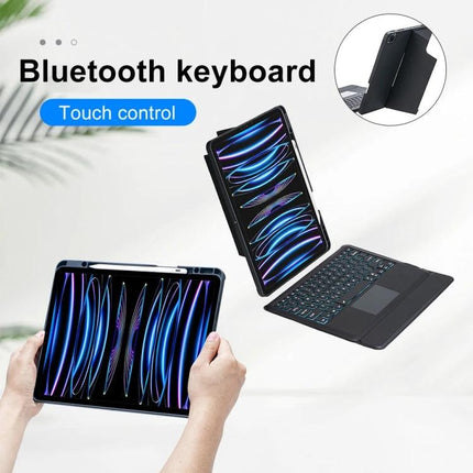 Backlit Bluetooth Keyboard Leather Case for iPad Pro 12.9 showing protective leather case with backlit keys and detachable Bluetooth keyboard in use