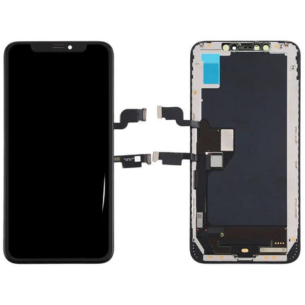 A Replacement LCD Screen for Your iPhone XS Max shown front and back, black digitizer assembly with flex cables for easy at-home repair