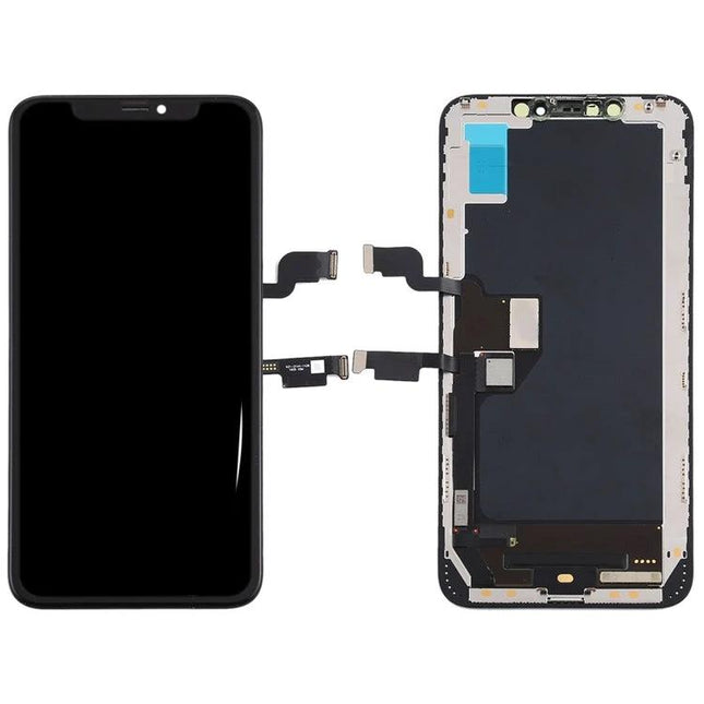 A Replacement LCD Screen for Your iPhone XS Max shown front and back, black digitizer assembly with flex cables for easy at-home repair
