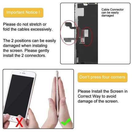 A Replacement LCD Screen for Your iPhone XS Max - instructional image showing cable connector care and correct screen installation to avoid damage