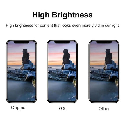 A Replacement LCD Screen for Your iPhone XS Max - high brightness comparison showing Original, GX, and Other displays