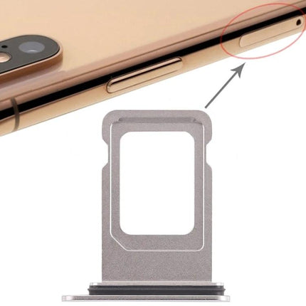 SIM Card Tray for iPhone XS Max Daily and Travel Use - replacement metal SIM tray shown beside iPhone XS Max side slot