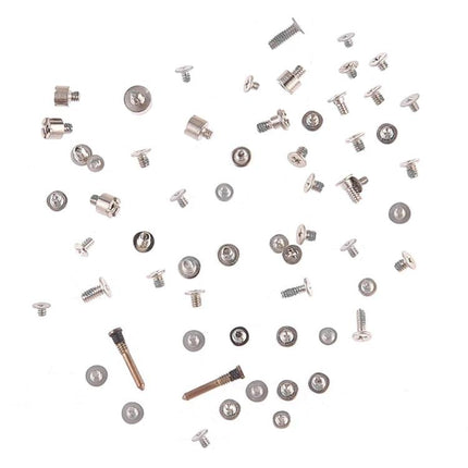 Screws And Bolts Set For IPhone Xs Max Home Repairs scattered replacement screws and fasteners on white background