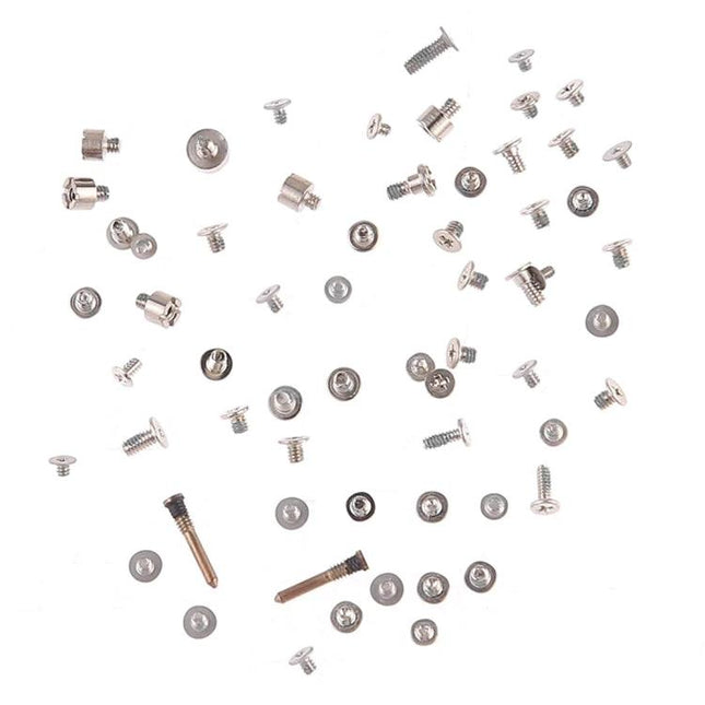 Screws And Bolts Set For IPhone Xs Max Home Repairs scattered replacement screws and fasteners on white background