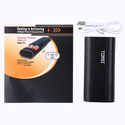Tomo USB Battery Charger for 18650 Li-Ion Batteries - black portable USB charger with cable and packaging
