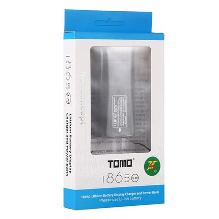 Tomo USB Battery Charger for 18650 Li-Ion Batteries in retail packaging showing charger and power bank through window