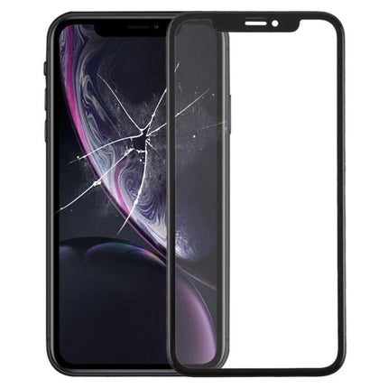 Replacement Front Glass for iPhone XR Daily Use showing cracked iPhone and replacement front glass lens with frame and OCA adhesive