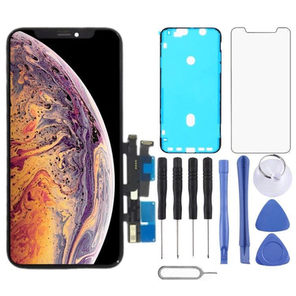 iPhone XR Screen Replacement for Everyday Device Use showing LCD panel, tools, adhesive, and protective film for restoring display