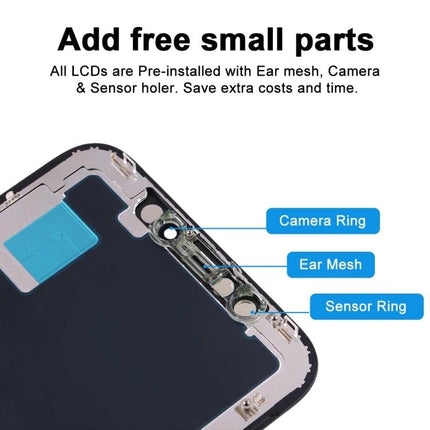 iPhone XR Screen Replacement for Everyday Device Use — close-up of LCD showing pre-installed camera ring, ear mesh and sensor ring parts