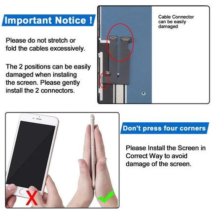 inCell Replacement LCD Screen for Your Everyday iPhone XR - installation warning: avoid stretching cables and pressing corners to prevent connector damage