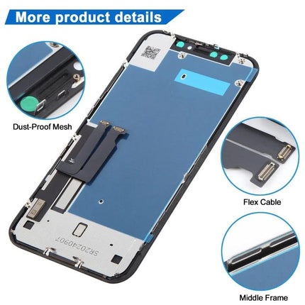 inCell Replacement LCD Screen for Your Everyday iPhone XR showing INCELL FHD panel, flex cable, dust-proof mesh and middle frame components