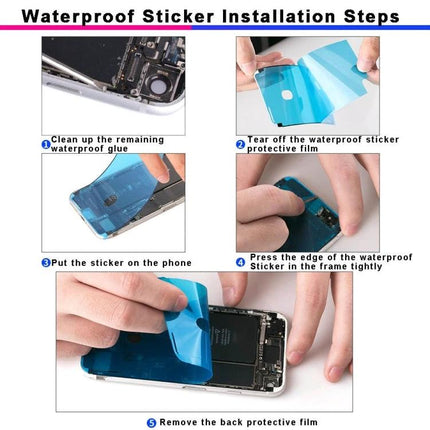 Waterproof Adhesive Stickers for iPhone XR Daily Repairs - step-by-step installation showing cleaning, peeling protective film, placing sticker and pressing edges