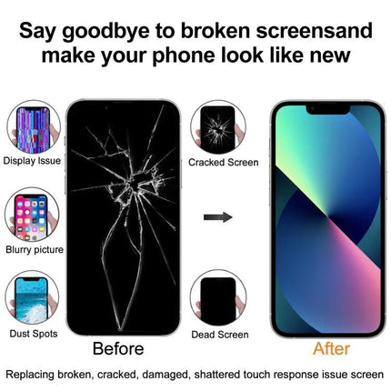 GX Replacement LCD Screen for iPhone XR Daily Use - before cracked screen and after restored display, repair for broken, blurry, dead screens