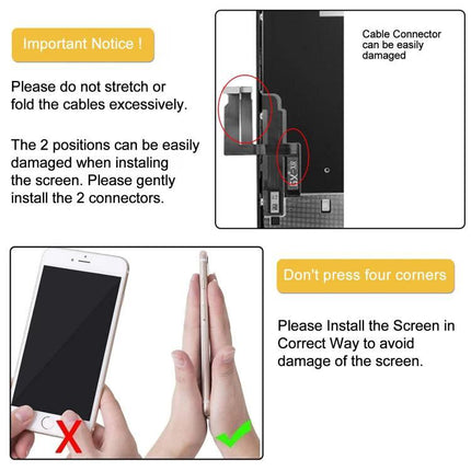 GX Replacement LCD Screen for iPhone XR Daily Use - installation notice showing connector care and correct handling to avoid damage