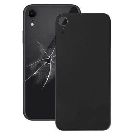iPhone XR Back Cover Replacement for Everyday Phone Use - matte black replacement panel shown next to cracked XR back