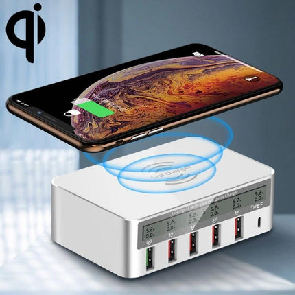 A Versatile Multi-Port Charger for Daily Home Device Needs showing phone wirelessly charging above a six-port USB charging station