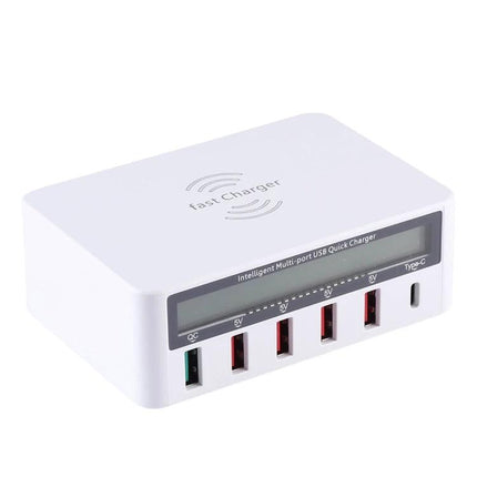 A Versatile Multi-Port Charger for Daily Home Device Needs - white six-port fast charger powering phone, tablet, smartwatch on kitchen counter