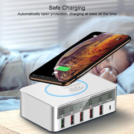A Versatile Multi-Port Charger for Daily Home Device Needs charging phone wirelessly while powering multiple devices with six ports on bedside table