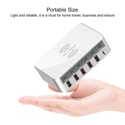 A Versatile Multi-Port Charger for Daily Home Device Needs shown compact white 6-port charger held in hand to charge phone tablet smartwatch
