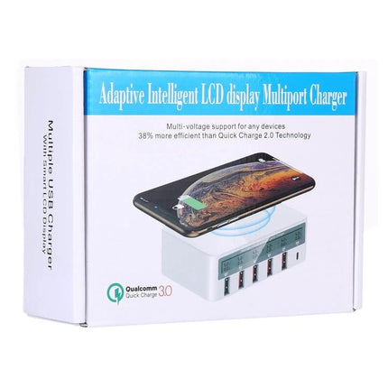 A Versatile Multi-Port Charger for Daily Home Device Needs - six-port white charger with LCD powering phone, tablet and smartwatch