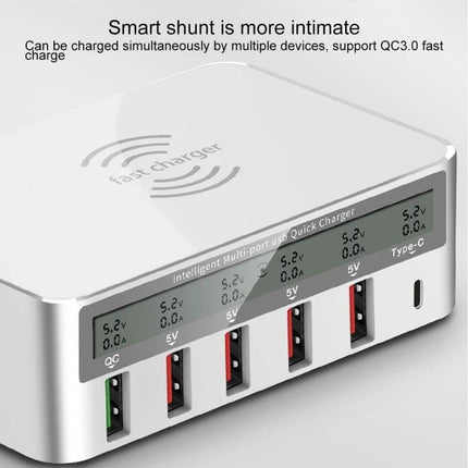 A Versatile Multi-Port Charger for Daily Home Device Needs - silver 6-port fast charger with QC3.0 and Type-C display for phone tablet smartwatch