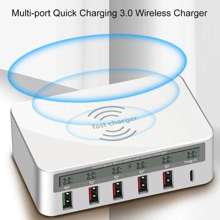 A Versatile Multi-Port Charger for Daily Home Device Needs showing a white six-port fast charger powering phone, tablet and smartwatch