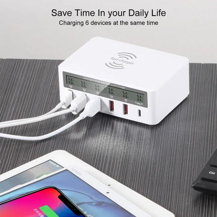 A Versatile Multi-Port Charger for Daily Home Device Needs - white 6-device charging station with USB and wireless pad, neatly charges phone tablet smartwatch
