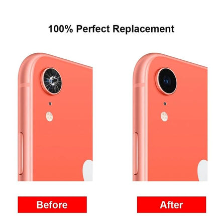 Replacement Camera Lens for iPhone XR Everyday Repairs - before and after cracked vs restored camera lens on coral iPhone XR