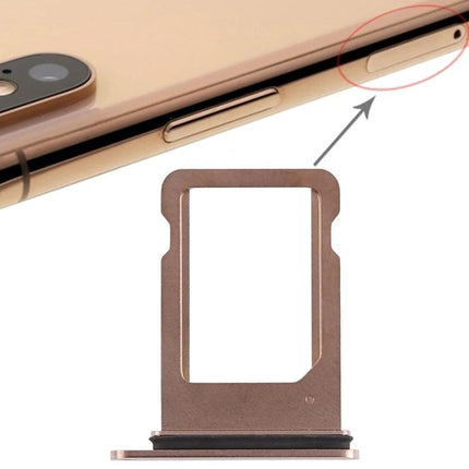 Replacement SIM Tray for iPhone XS in Daily Mobile Use - gold single SIM replacement tray shown next to iPhone XS side slot