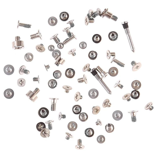 iPhone XS Replacement Screws and Bolts for Daily Repairs scattered silver charging port screws and hardware on white background