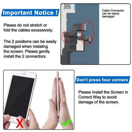 Incell LCD Screen Replacement for iPhone XS Daily Essentials - instructional image showing cable connector caution and correct screen installation technique
