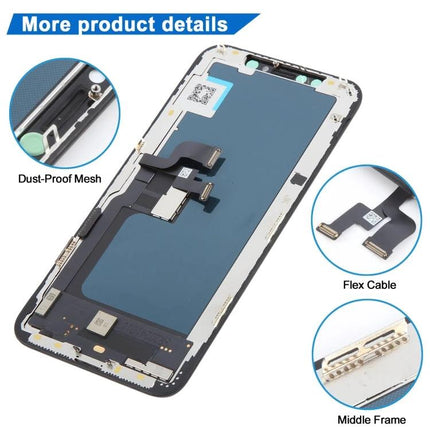 Incell LCD Screen Replacement for iPhone XS Daily Essentials - replacement display assembly showing flex cable, dust-proof mesh, and middle frame